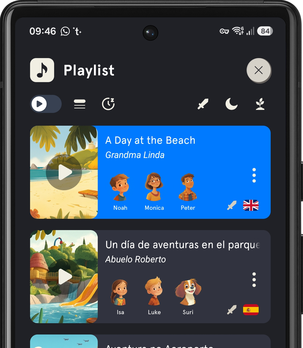 Tiny Tales playlist showing personalized stories and recordings by family members.